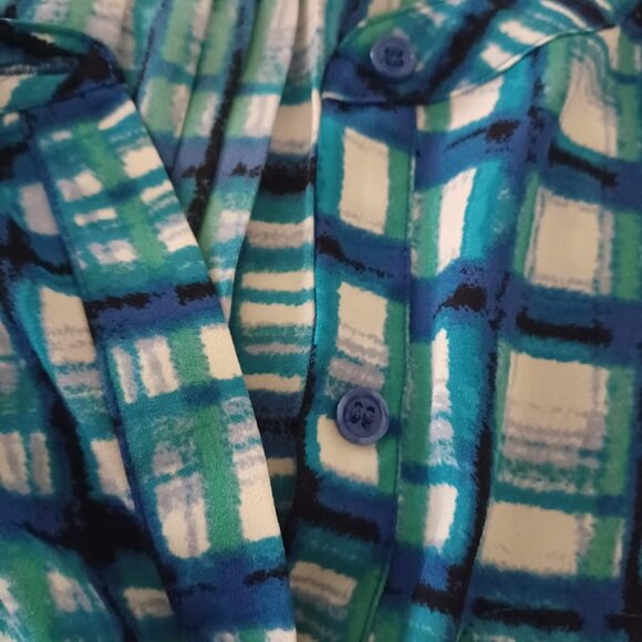 NYDJ L Blue Green Painterly Plaid Chiffon Tunic Top 3/4 Sleeve Pullover - Picture 6 of 8